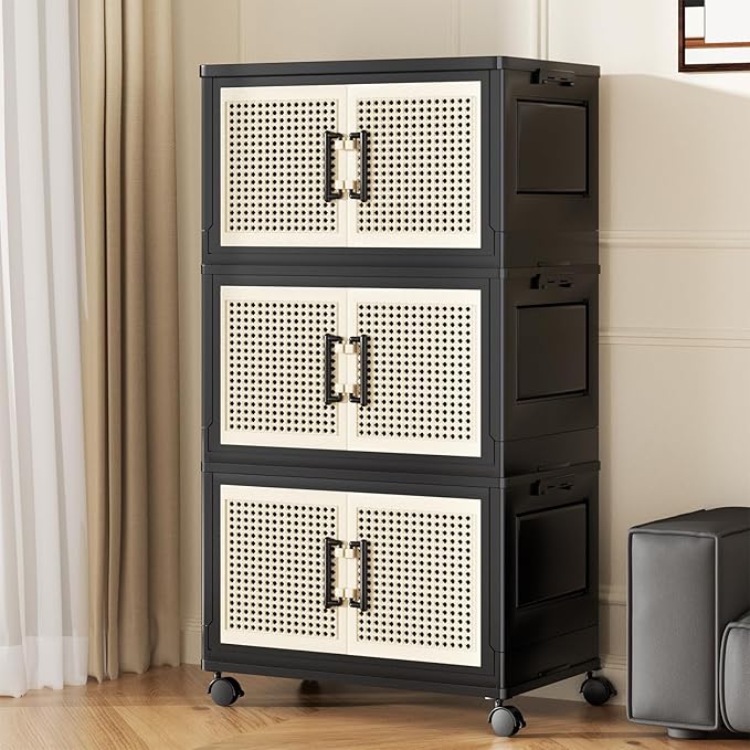 Storage Bins with Lids, Stackable Storage Containers with Lids, Collapsible Plastic Bins, Closet Organizers and Storage with Wheels and Magnetic Door for Home Office Dorm (3 Pack)