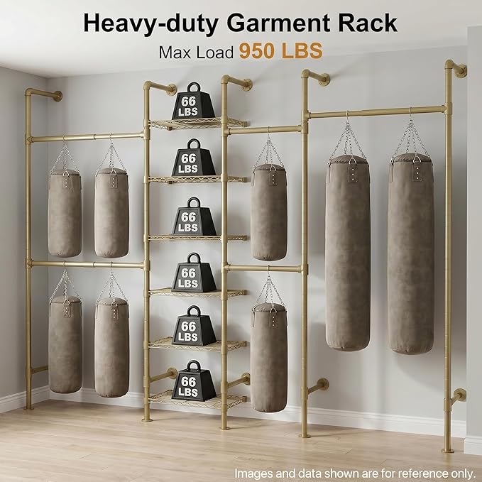 F4 Wall Mounted Closet System, Industrial Pipe Clothing Rack for Hanging Clothes, Heavy Duty Closet Organizer System, Clothes Racks with Shelves & Expandable Rod for Wardrobe, Corner, Gold