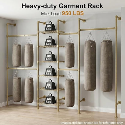 F4 Wall Mounted Closet System, Industrial Pipe Clothing Rack for Hanging Clothes, Heavy Duty Closet Organizer System, Clothes Racks with Shelves & Expandable Rod for Wardrobe, Corner, Gold