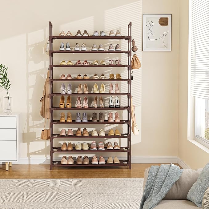 LANTEFUL Tall Shoe Rack 10 Tier Shoe Organizer Large Shoe Shelf with 18 Hooks Storage for 50 Pair Sneaker and Boot, Stackable Vertical Shoe Rack Organizer for Closet, Entryway, Bedroom, Brown