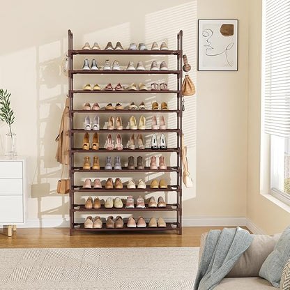 LANTEFUL Tall Shoe Rack 10 Tier Shoe Organizer Large Shoe Shelf with 18 Hooks Storage for 50 Pair Sneaker and Boot, Stackable Vertical Shoe Rack Organizer for Closet, Entryway, Bedroom, Brown