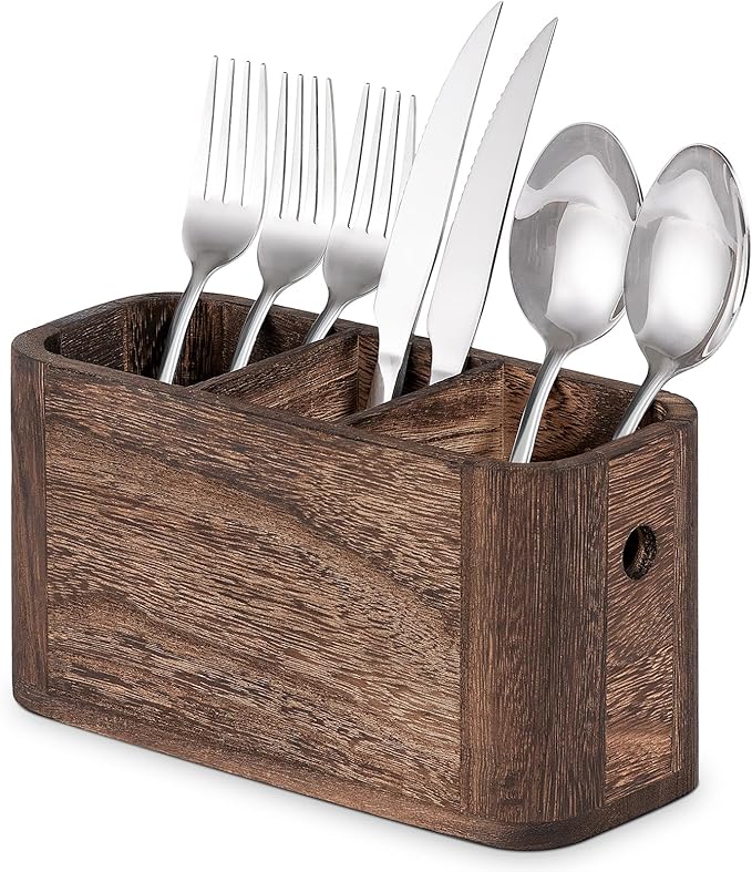 VIVIRBIEN Wooden Silverware Holder for Countertop, Kitchen Utensil Caddy with 3 Compartments, Cutlery Storage Organizer Countertop, Flatware Organizer for Party, Spoon, Fork Holder