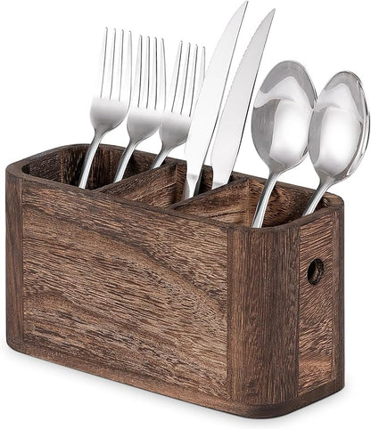 VIVIRBIEN Wooden Silverware Holder for Countertop, Kitchen Utensil Caddy with 3 Compartments, Cutlery Storage Organizer Countertop, Flatware Organizer for Party, Spoon, Fork Holder