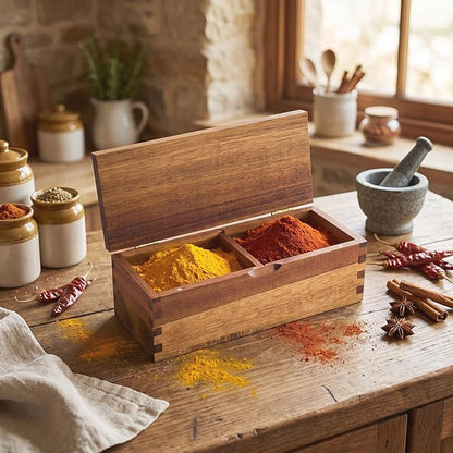 Acacia Wood Salt Cellar Spice Box with Magnetic Lid 29oz Large Capacity Salt Organizer 2 Compartments for Kitchen Countertop, Pepper, Seasonings, Spices, Grilling & Cooking