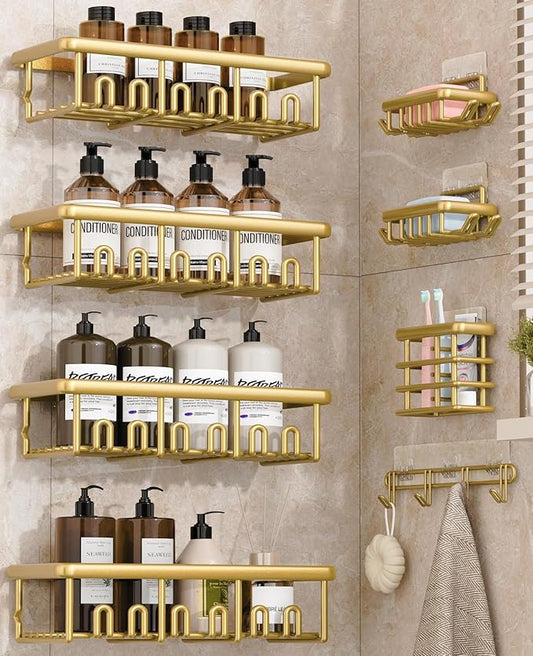 8 Pack Adhesive Rustproof Shower Caddy with Soap Dishes, Toothbrush Holder & Hooks, Large Capacity No-Drilling Shower Shelves Rack for Bathroom Organizers and Storage Accessories, Gold