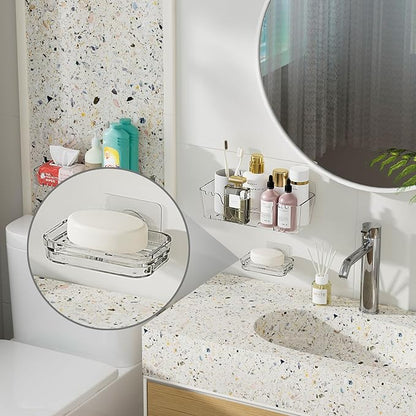 Soap Dish for Shower Clear Soap Holder Pull-Out Water Tray No Drilling Required Strong Fixation for Rv Bathroom and Kitchen Easy（2 Pack）