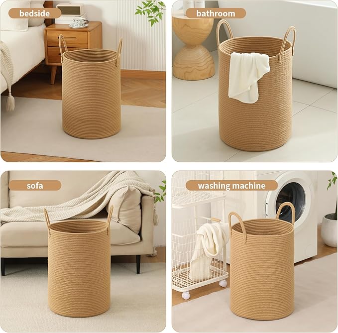 Laundry Basket Hamper Tall Rope Storage Woven for Blanket toys Dirty Clothes in Living Room Bathroom Bedroom (Jute Brown, 100L/26.4Gal)