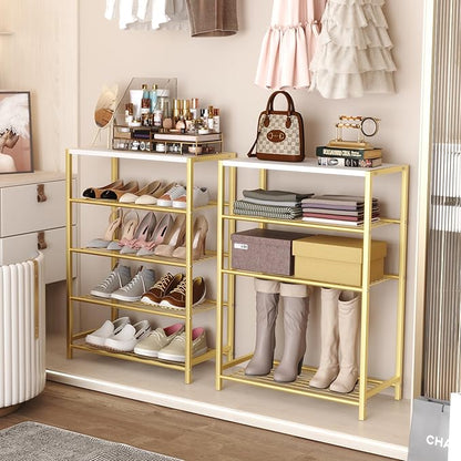 HOMEFORT 5-Tier Shoe Rack, Shoe Storage Shelf, Industrial Shoe Tower, Narrow Shoe Organizer for Closet Entryway, Small Shoe Rack Table with Durable Metal Shelves, Gold
