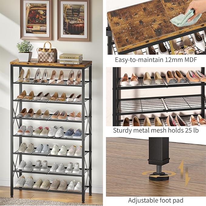 8-Tier Metal Shoe Rack for 32 Pairs, Heavy-Duty Shoe Organizer with Rustic Wooden Top, Space-Saving Entryway Shoe Storage for Closet, Garage, Hallway, Bedroom, Black & Rustic Brown