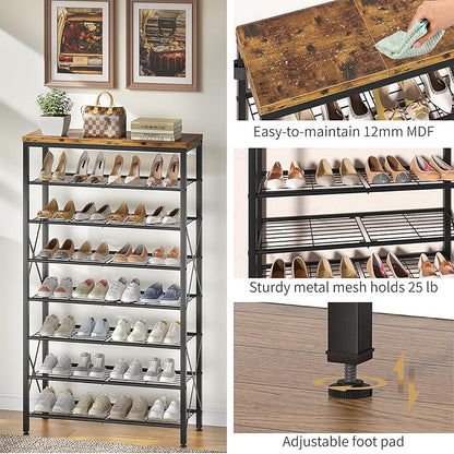 8-Tier Metal Shoe Rack for 32 Pairs, Heavy-Duty Shoe Organizer with Rustic Wooden Top, Space-Saving Entryway Shoe Storage for Closet, Garage, Hallway, Bedroom, Black & Rustic Brown