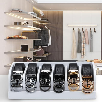MinBoo Bamboo Belt Rack, 6-Compartment Belt Organizer and Displayer for Closet and Drawer, Men and Women (White)