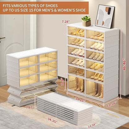 EHAMILY 6 Tier Foldable Shoe Rack Organizer for Closet 12-24Pairs Plastic Collapsible Shoe Shelf for front door entrance Stackable Clear Folding Shoes Storage Boxes XLarge Shoe Cabinet