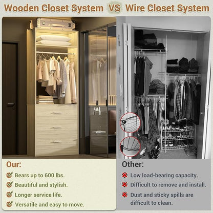 Besiost Freestanding 2FT Closet System with 3 Wood Drawers, 24" Closet Organizer System with Hanging Rod & Shelves, Walk-in Closet Systems for Small Closet, White Oak (24"L*15"W*80"H)