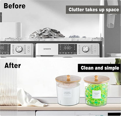 Laundry Room Organization Container, 2pcs Round Acrylic Laundry Pod Storage Containers, Dryer Sheet Holder Jars with Bamboo Lids and Labels for Scent Booster Powder Detergent Pods Storage