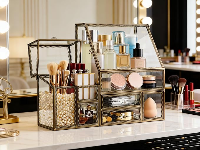 Luxury Glass Makeup Organizer Antique Bronze Metal Frame, Clear Vanity Countertop Storage Case for Cosmetics, Skincare, Perfume, Jewelry, Brush Holder & Drawers for Bathroom, Bedroom, Dressing Table