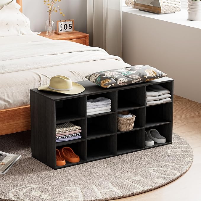 Aenuert 12-Cubby Shoe Rack, 3-Tier Wood Shoe Organizer, Multifunctional Shoe Organizer Bench for Entryway, Mudroom, Hallway, Closet,36.22 * 11.81 * 17.72 Inch,Black
