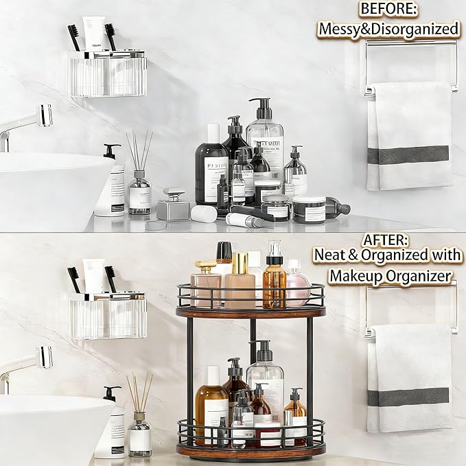 2-Tier Rotating Bathroom Countertop Organizer, Wooden Makeup Vanity Storage, Multifunctional Lazy Susan Turntable for Skincare, Perfume and Cosmetics (Brown)