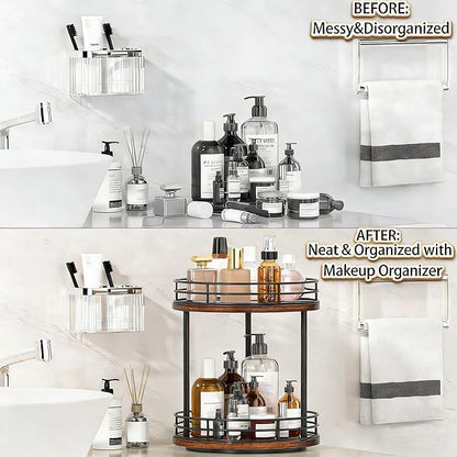 2-Tier Rotating Bathroom Countertop Organizer, Wooden Makeup Vanity Storage, Multifunctional Lazy Susan Turntable for Skincare, Perfume and Cosmetics (Brown)