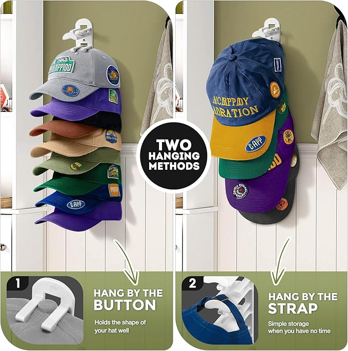 2 Pack Hat Organizer for Baseball Caps, Hat Rack for Wall Hold Up to 20 Hats, Hat Holder with Strong Adhesive and Screws, Hat Organizer Wall Mounted Hat Hanger Display for Door Closet Bedroom(B-White)