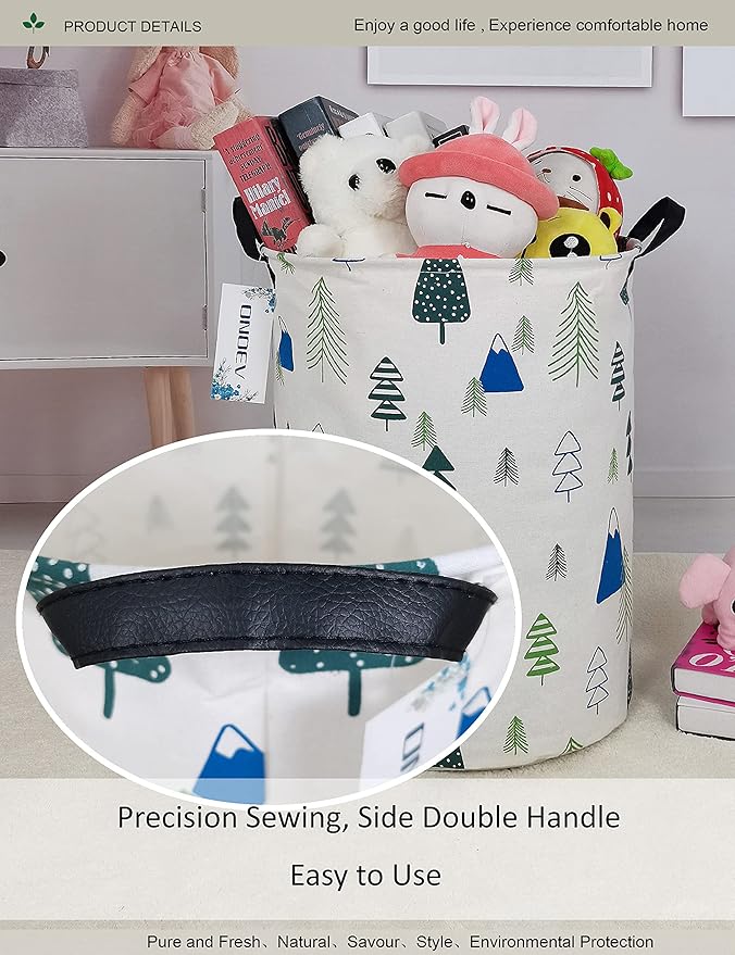 Round Foldable laundry basket with handle,gift basket,suitable for children's room and toy storage (Forest)