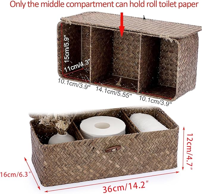 Hipiwe Storage Basket with Lid Toilet Tank Basket Holder Handwoven Wicker Basket Home Organizer Bin for Shelves Bathroom Closets Kitchen, Coffee