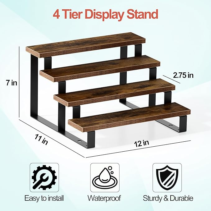 Boulphia Cologne Organizer for Men, 12 Inch Wood Cologne Stand 4 Tier Perfume Organizer for Dresser, Versatile Step Display Stand Shelf for Fragrance, Skincare, Figurine, Dessert, 1 Set Brown