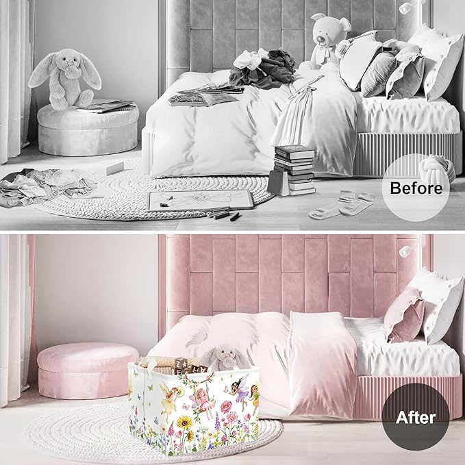 Clastyle Lovely Princess Laundry Basket Kids Clothes Book Storage Basket Gift Toy Box for Bedroom Decor,Flower Fairy,40x30x30 cm