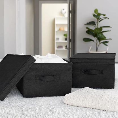 Household Essentials Large Fabric Storage Box With Lid Box, Black, Set of 2