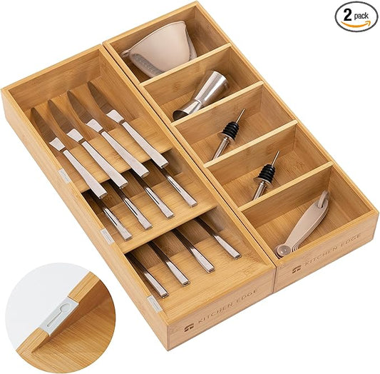 KitchenEdge Premium Silverware and Utensil Drawer Organizers – Slanted 3-Compartment and 5-Compartment Design, Labeled Slots, Non-Slip Feet, 100% Sustainable Bamboo, 2 Pack