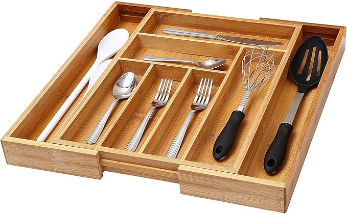 YBM Home & Kitchen Expandable 6-compartment Kitchen Utensil, Flatware, Cutlery Drawer Organizer Tray Size 18" width (12.5" wide closed), 17." Length, 2" Height. Item No.339