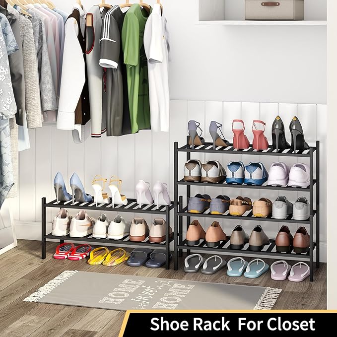 Shoe Rack, 2-Tier Bamboo Stackable Shoe Shelf Storage Organizer, Shoe Stand for Closet, Entryway and Hallway