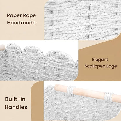 iEGrow Paper Rope Small Storage Baskets for Organizing, Set of 2 Scalloped Edge Wicker Basket with Wooden Handles Toilet Paper Basket for Over Toilet Storage Shelf, Home Decor, Living Room (White)
