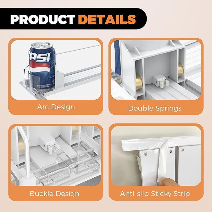5 Rows Drink Organizer for Fridge, 15'' Soda Can Dispenser for Fridge with Pusher Glide, Width Adjustable Fridge Can Organization Hold Up to 25 Cans (White)
