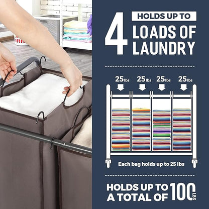 STO STO Laundry Sorter 4 Section, 4 Bag Clothes Hamper, Rolling Laundry Cart Basket with Heavy Duty Lockable Wheels and Removable Bag for Laundry Room, Bedroom, Closet, Brown