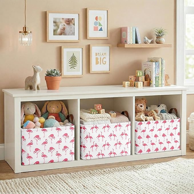 3 Pack Flamingo Storage Baskets for Gifts Summer Flamingo Empty Large Collapsible Toy Storage Bins Box Tropical Canvas Baskets Organizer with Handles Nursery Decor Laundry Basket for Shelves Closet