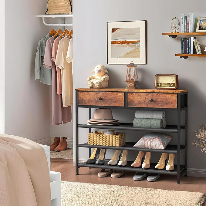 usikey Shoe Rack, 4 Tier Shoe Storage Organizer with 2 Drawers, Metal Shoe Shelf for 12-15 Pairs of Shoes, with 3 Oxford Fabric Shelves and Wooden Top, Shoe Stand for Entryway, Rustic Brown UNYXJX008F
