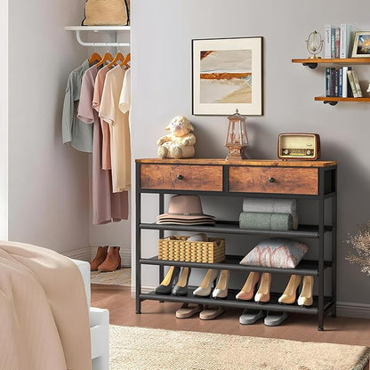 usikey Shoe Rack, 4 Tier Shoe Storage Organizer with 2 Drawers, Metal Shoe Shelf for 12-15 Pairs of Shoes, with 3 Oxford Fabric Shelves and Wooden Top, Shoe Stand for Entryway, Rustic Brown UNYXJX008F