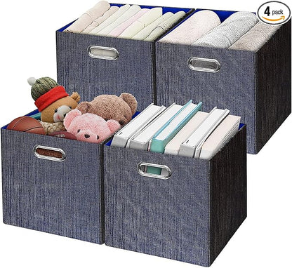 Posprica Storage Cube Basket Bins,13×13 Foldable Storage Containers for Shelf Cabinet Bookcase Boxes,Thick and Heavy Duty Fabric Drawer (4pcs, blue)