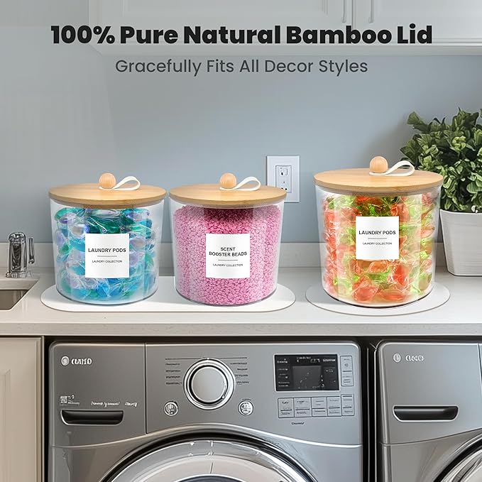 3 Pack Laundry Pods Container,Laundry Room Organization and Storage Jars,Laundry Detergent Container for Powder,Pods,Scent Booster,with Non-Slip PU Leather Pad and Handle,Bamboo Lids,Labels and Scoops