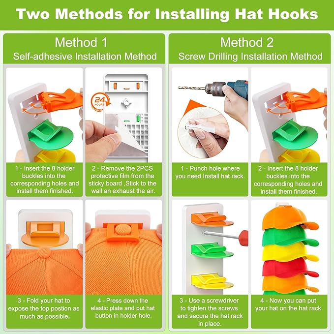 Haiou 2 Pack Hat Organizer for Baseball Caps Strong Adhesive Hat Rack for Wall Multilayer Hat Storage Display Holder Wall Mounted Hat Hooks Hold up to 16 Hats for Closet Door and Bedroom, Multicolor