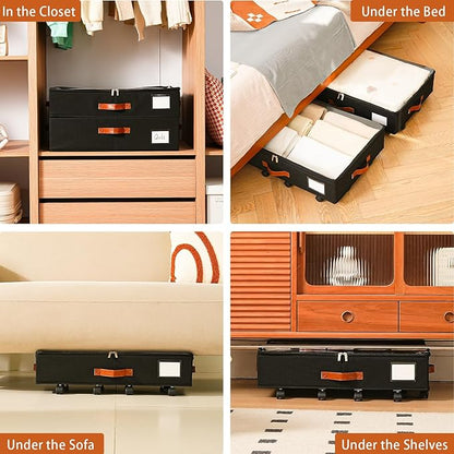 Freebat Under Bed Storage Organizer with Wheels, Underbed Container with Clear Lid Cover, Storage Bag Box with Visiable Window for Clothes, Bedsheet, Pillow, 2 Pack，5.5 inches