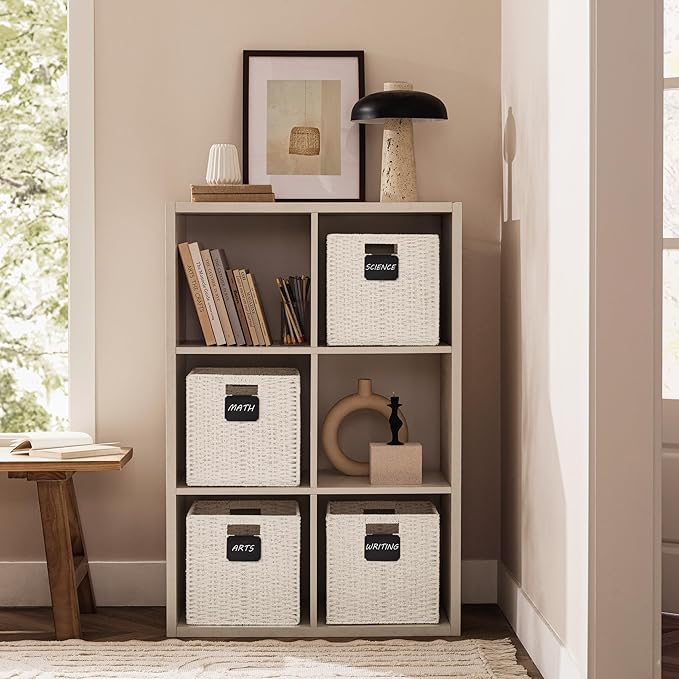 UBBCARE 2 Pack Wicker Basket, 10.5×10.5 Storage Cubes with Label, Foldable Cube Storage Bin with Handle, Square Storage Basket for Shelves, Woven Paper Rope Basket for Organizing, White