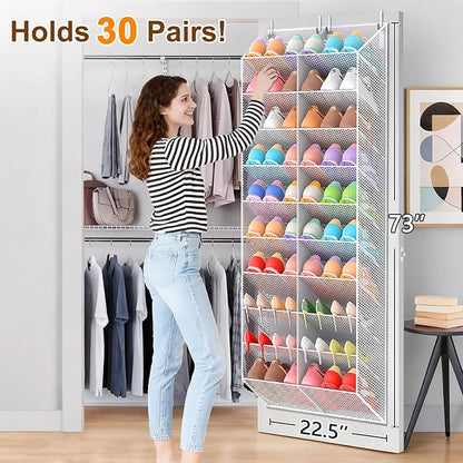 20-30 Pairs Over the Door Shoe Organizer, Breathable Mesh Pocket Hanging Shoe Storage for Closet, 10-Tier Door Shoes Rack, Handing Shoes Holder Fit All the Family's Sneakers, Boots, Heels, Light Grey