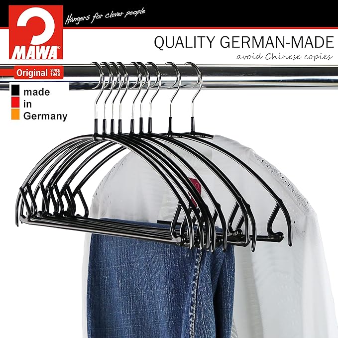 Mawa by Reston Lloyd Euro Ultra Light/Thin Series, Non-Slip Space-Saving Clothes Hanger with Bar & Hooks for Pants and Skirts, Style 42/PTU, Set of 2, Black