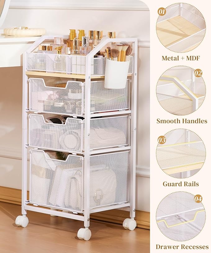 Homde Rolling Makeup Organizer with Drawers: Skincare Storage Cart with Wheels for Home Bedroom Vanity - Cosmetic Display Holder for Beauty Enthusiasts Makeup Artists