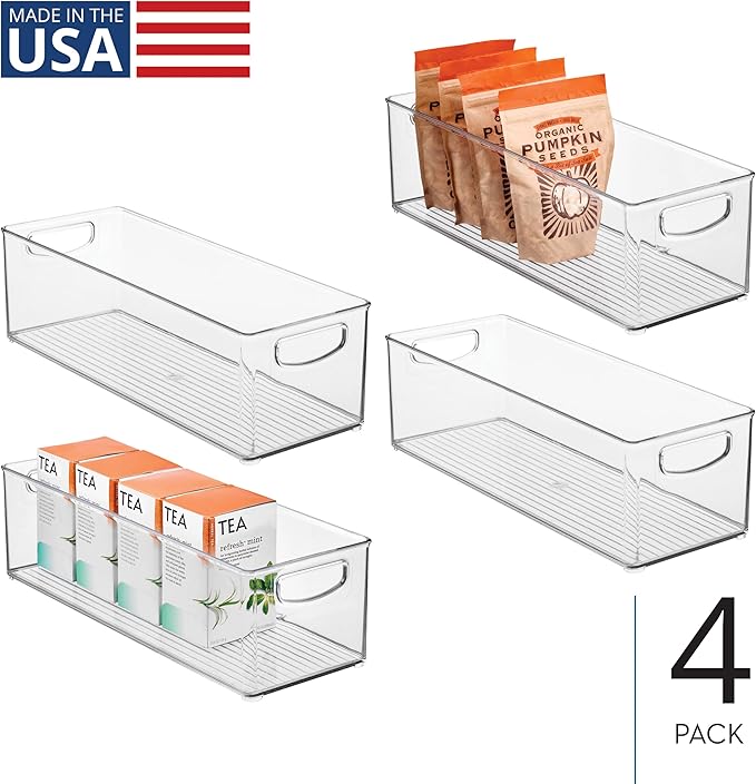iDesign Plastic Stackable Pantry Bin for Kitchen Cabinets or Fridge, Set of 4, Clear, Made in USA