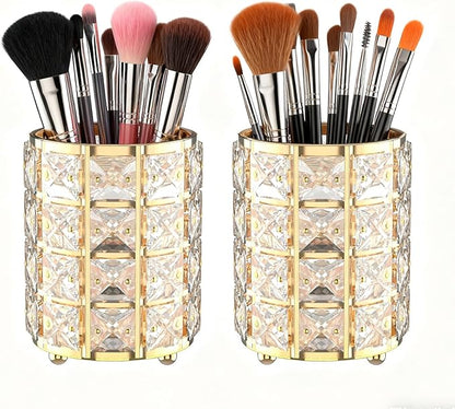 LUGUNU Makeup Brush Holder with Golden Crystal Bling – Elegant Vanity Organizer for Brushes, Pens & Pencils, Ideal for Bathroom or Office Countertop(2Pack)