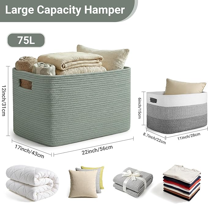 75L Green Cotton Rope Storage Basket, Large Rectangle Laundry Hamper with Handles, 22”x17”x12” Woven Blanket and Toy Basket for Living Room, Bedroom and Nursery