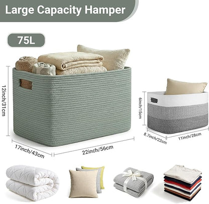 75L Green Cotton Rope Storage Basket, Large Rectangle Laundry Hamper with Handles, 22”x17”x12” Woven Blanket and Toy Basket for Living Room, Bedroom and Nursery