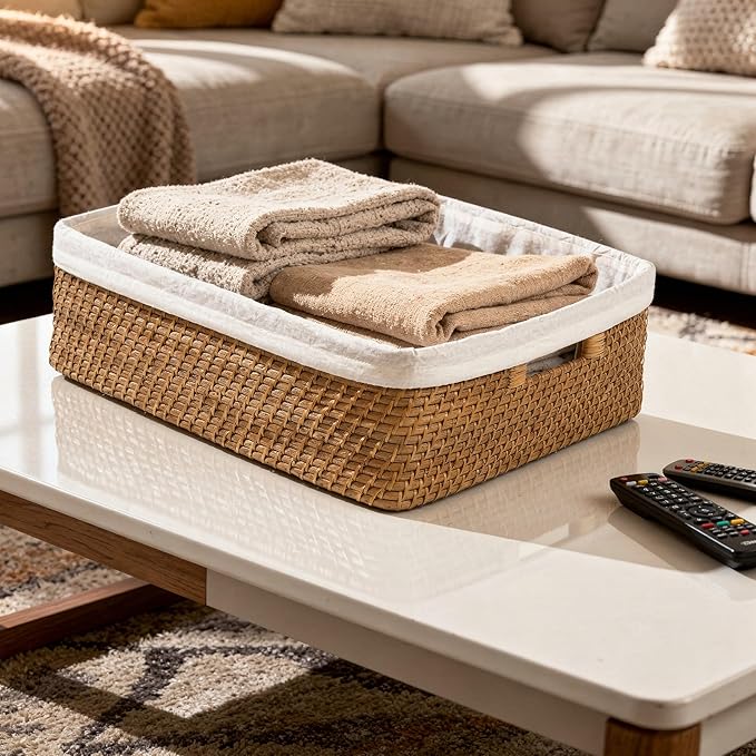 KOUBOO Laguna Rattan Shelf Basket with Liner, 18" x 14" x 6", Honey-Brown
